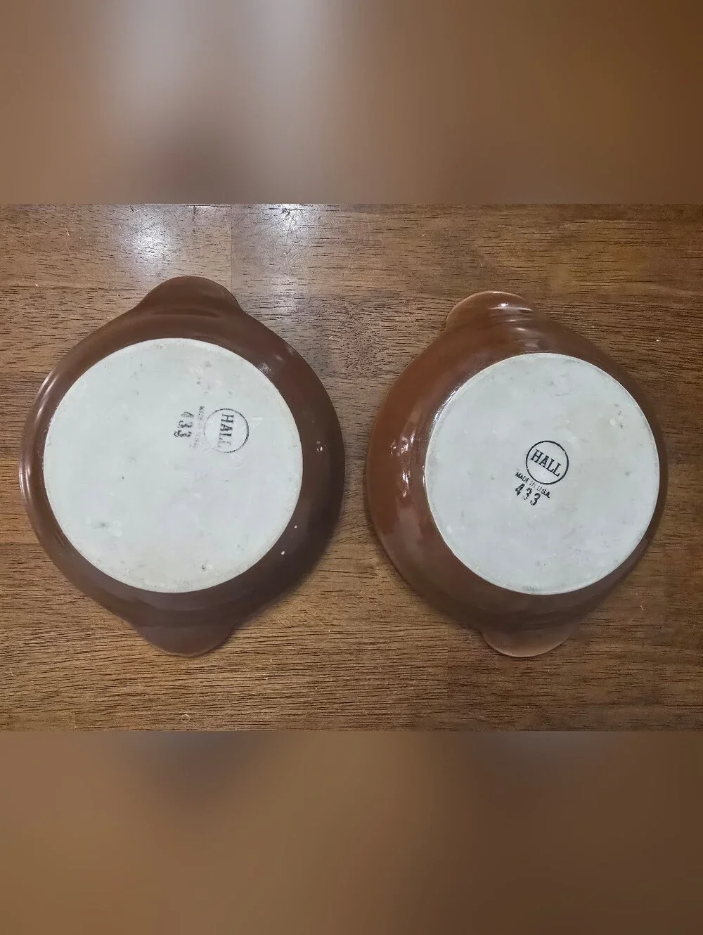 Set of 2 VTG Hall China 433 Oval Scalloped Baker Dishes Brown White Diner Crocks